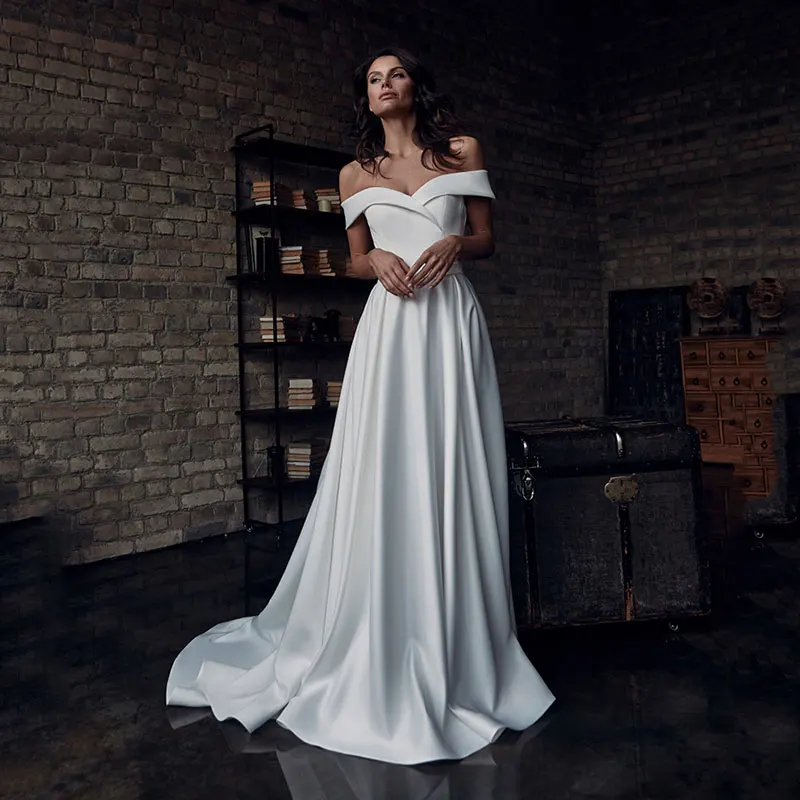 

Gorgeous Sweetheart Wedding Dress Off The Shoulder Elegant A-Line Satin Bridal Gown Pleated Brides Dress With Belt Custom Made