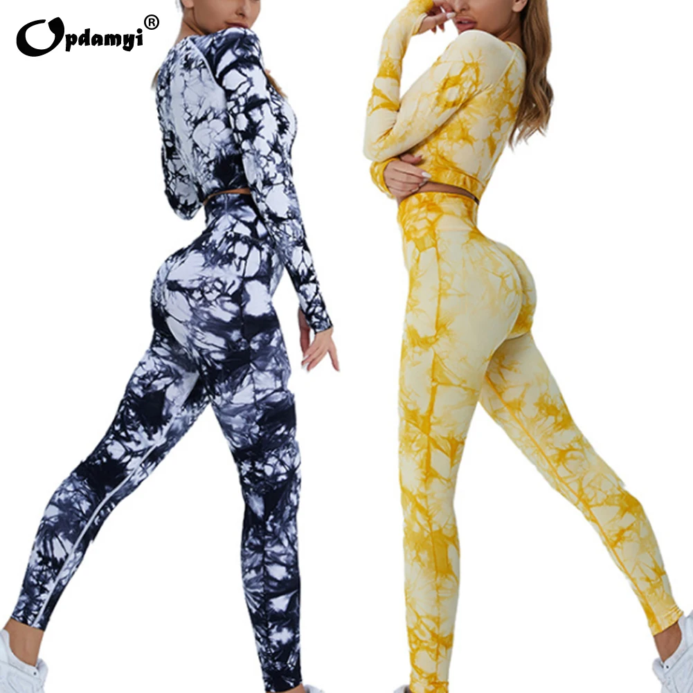 

Women Clothing Sportswear Yoga Sets 2Piece Tie Dye Gym Fitness Wear Seamless High Waist Leggings Long Sleeve Suit Workout Shorts