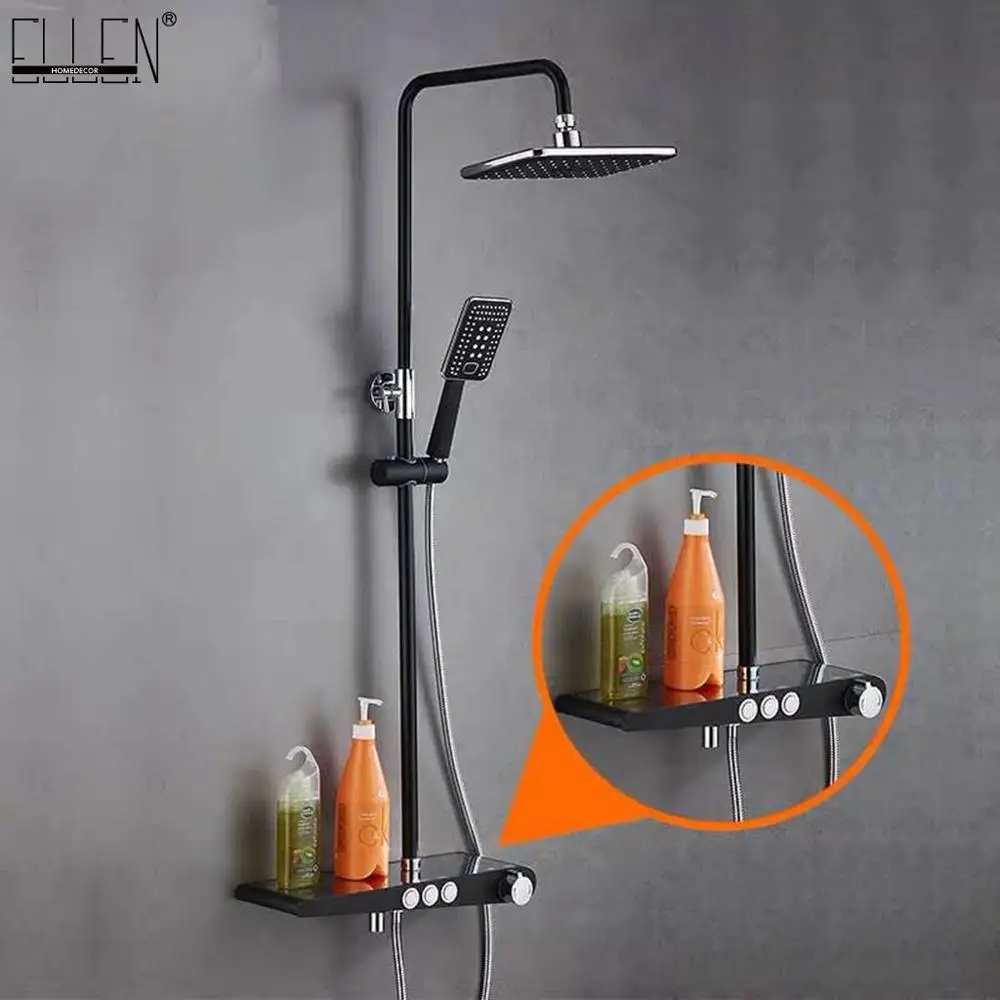 

Vidric Black Rain Shower Faucet Set Wall Mounted Rainfall Shower Faucets Storage Bath Mixer Tap Hot Cold with Hand Shower EL3902