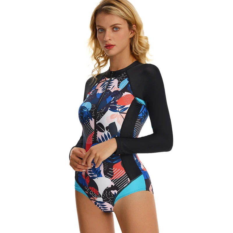 Womens Swimwear Monokini Swimsuits One Piece Long Sleeve Bathing Suits Sun UV Protection Rash Guard Front Zip Beachwear Bodysuit