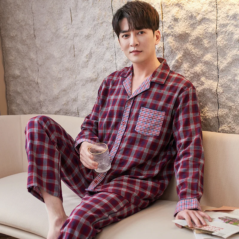 Männer Plaid Splice Nachtwäsche Herbst Gewebte Baumwolle Langarm Hohe Qualität Pyjamas Lässig Strickjacke Homewear Große Yards Pijama Hombre