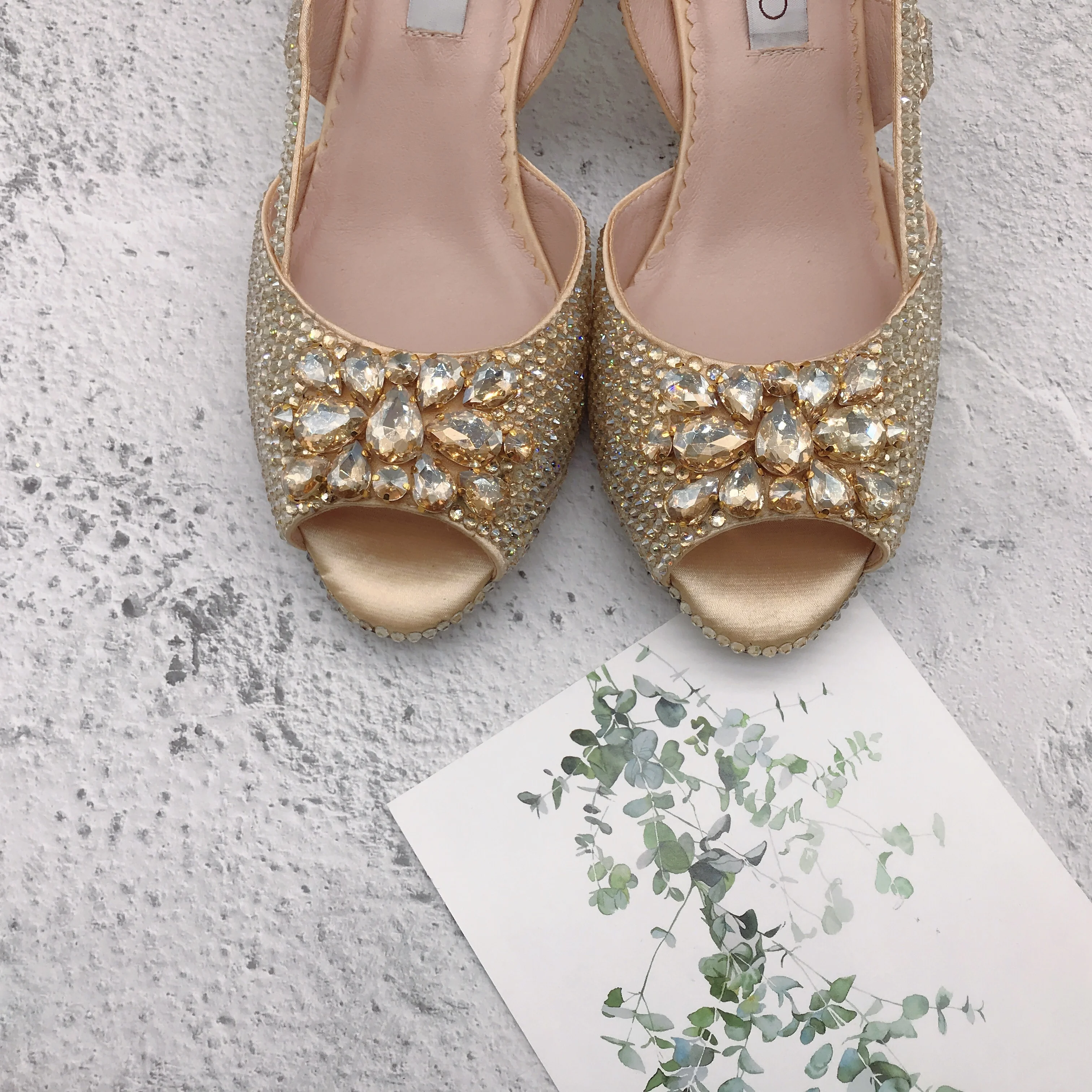 BS1245  Custom Made Women Shoes Dress Pumps  Bridal Wedding Shoes  Champagne  Gold Crystal Shoes With Matching Bag