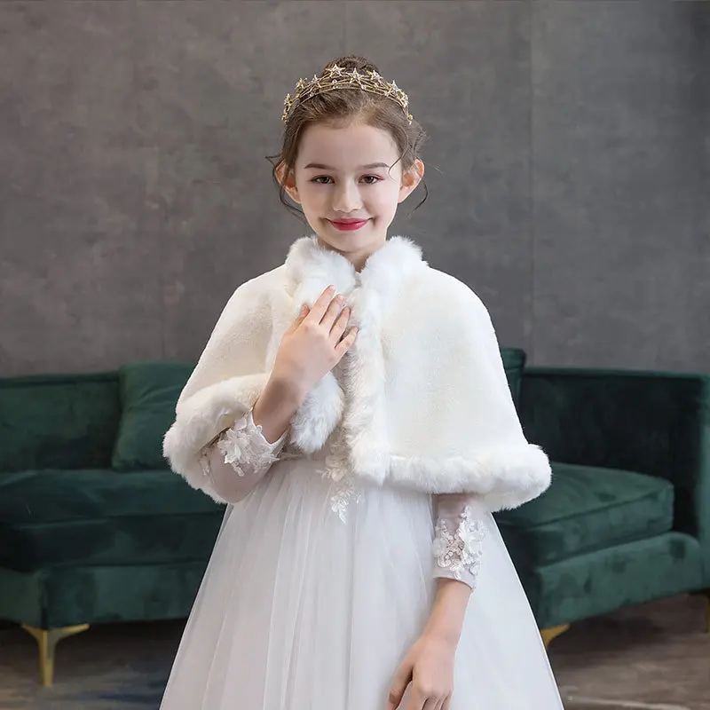 Wedding Jackets White Plush Shawl Winter Kid Soft Thick Coats Warm Fur Wrap Sleevesless For Girls Jacket Party Evening Boleros