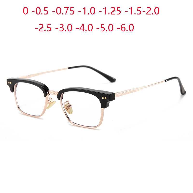 Anti Blue Ray Half Rim Square Myopia Glasses Finished Metal Rice Nail Frame Student Prescription Spectacles 0 -0.5 -0.75 To -6.0