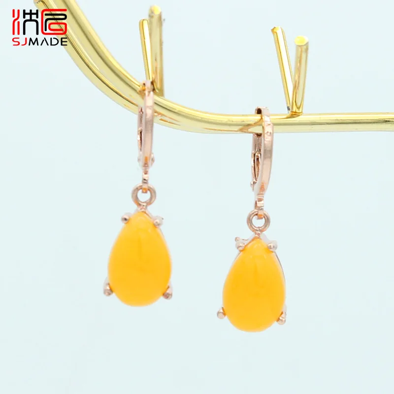 SHENJIANG New Water Drop Imitation Ambers Dangle Earrings For Women Girls Jewelry 585 Rose Gold Color Anti-allergy Eardrop