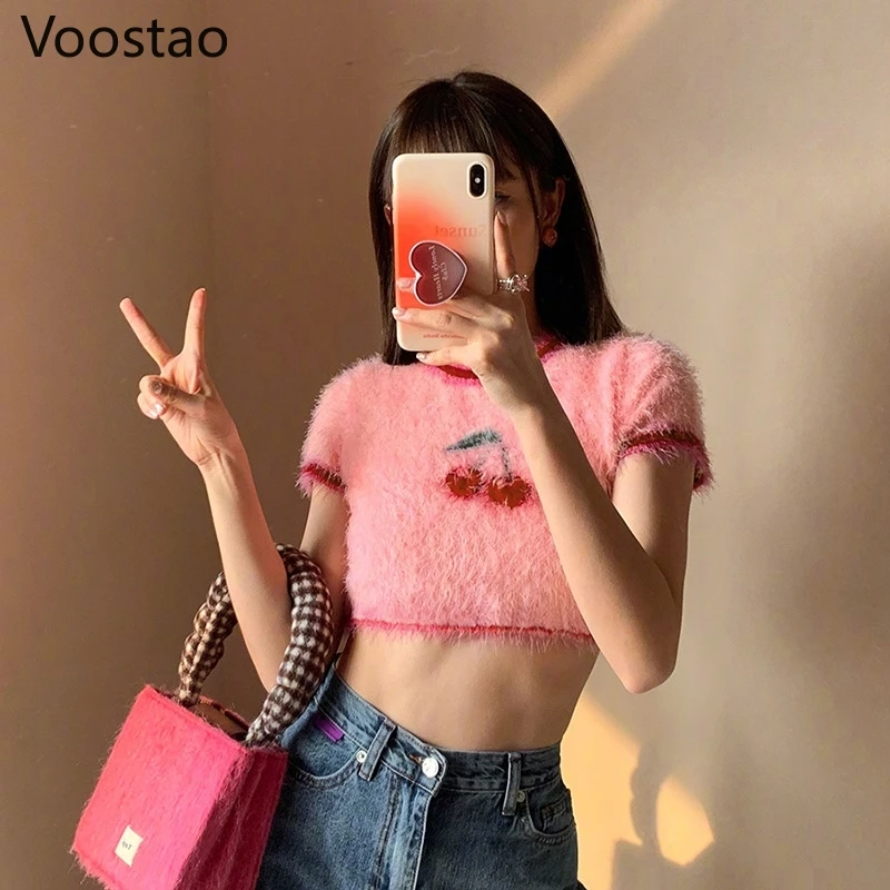 Fashion Plush Cherry Pattern T-Shirts Pink Knitted Short Sleeve Pullover Tops Girls Sweet Cute O-Neck Y2K Crop Tops Ladies Tees