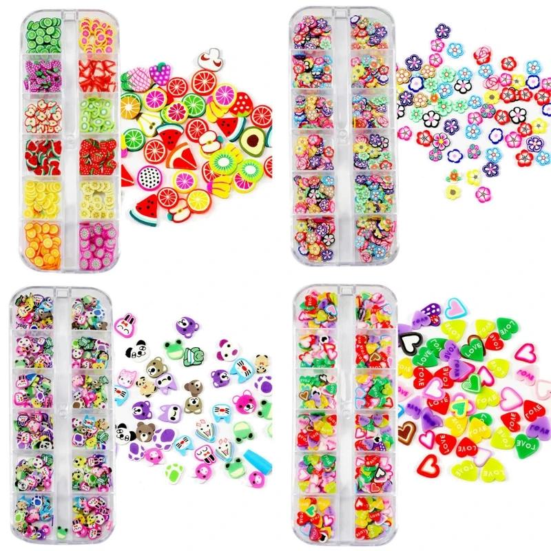 12 Grids Soft Polymer Clay Mini Flower Fruit Animals Hear Resin Fillings Glitter Epoxy DIY Resin Jewelry Fillers Craft