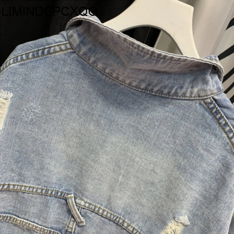 2023 Hole Bat Sleeve Short Jean Jacket Women Denim Jacket Spring Ripped Loose Coat Korean Harajuku European Style Roupa Feminina