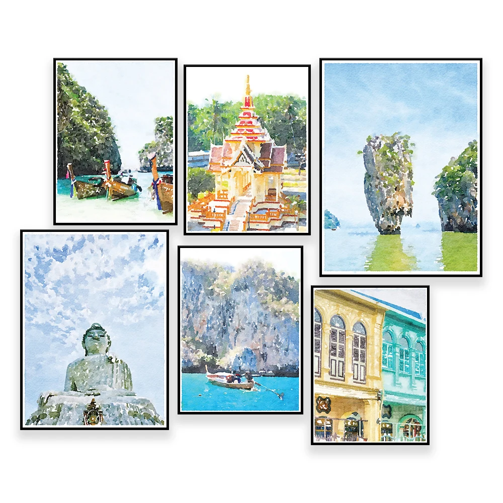 

Phuket Thailand Digital Wall Art Prints, Phi Phi Islands Beach, Phang Nga Bay, James Bond Island, Fishing Boats, Temple