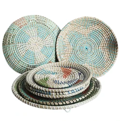 Boho Straw Woven Wall Decor Ornaments Natural Seagrass Rattan Wall Plates Decorative Fruit Dishes for Home Kitchen Living Room