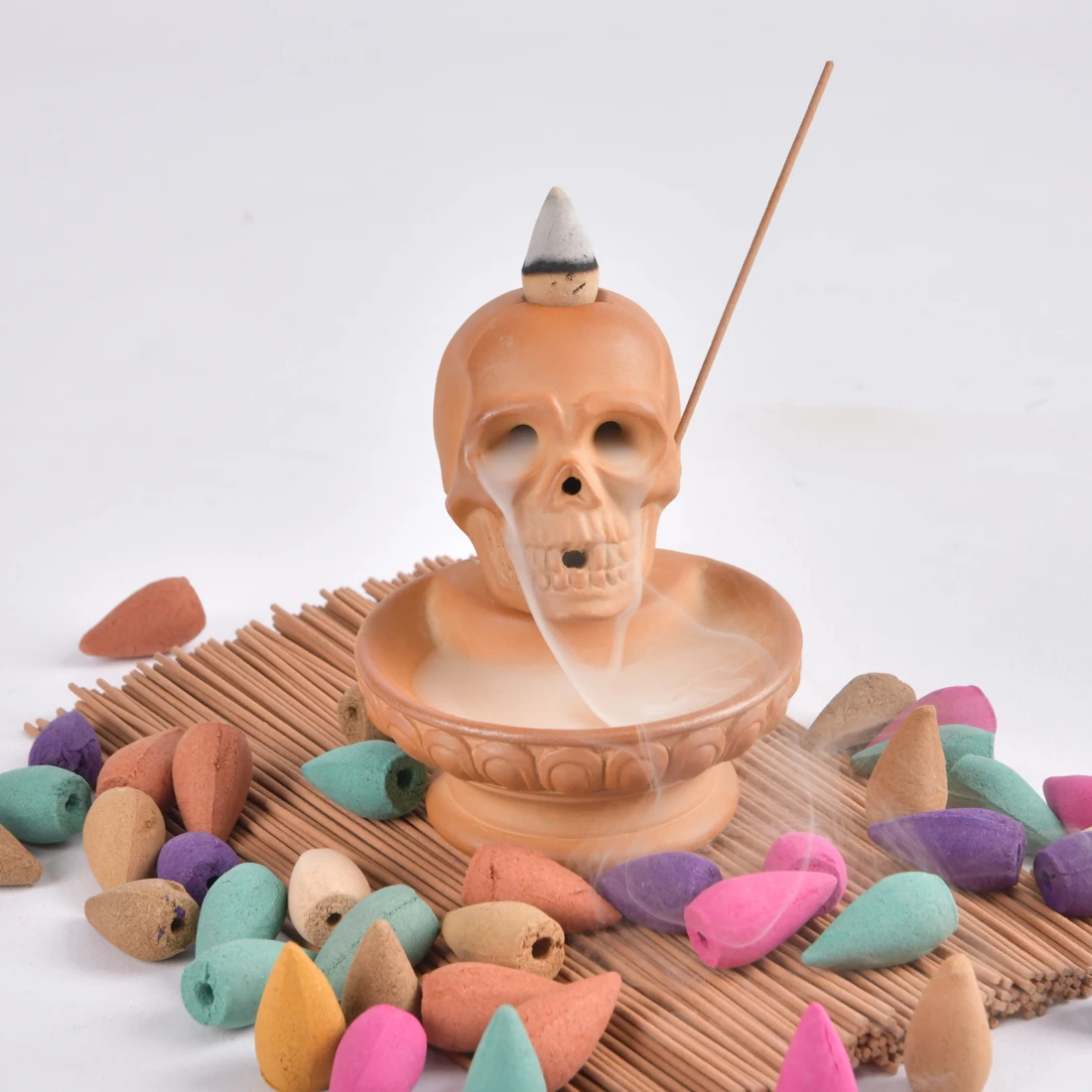 Ceramic Small Skull Inserted Incense Stick Censer Waterfall Backflow Incense Burner Home Office Tea House Handicraft Ornaments