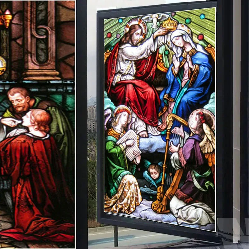 Custom Size Static Cling Jesus Christ Stained Glass Window Film Decorative Vintage Church Art Frosted Sticker for Door Glass