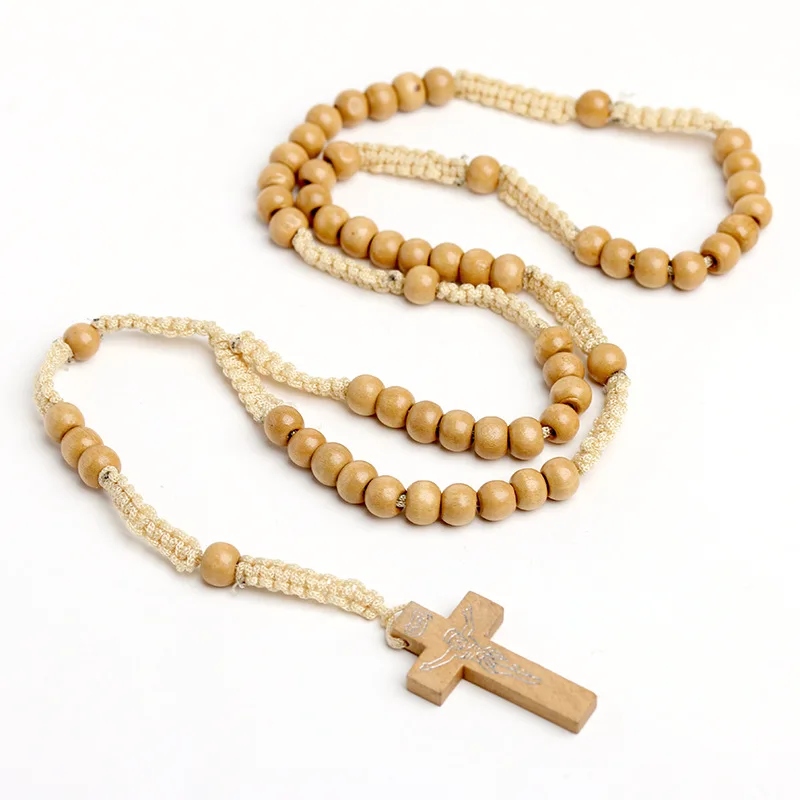 Natural Wood Beads Christian rosary Necklace Catholic Hand-woven CrossJesus religious Jewelry Wholesale