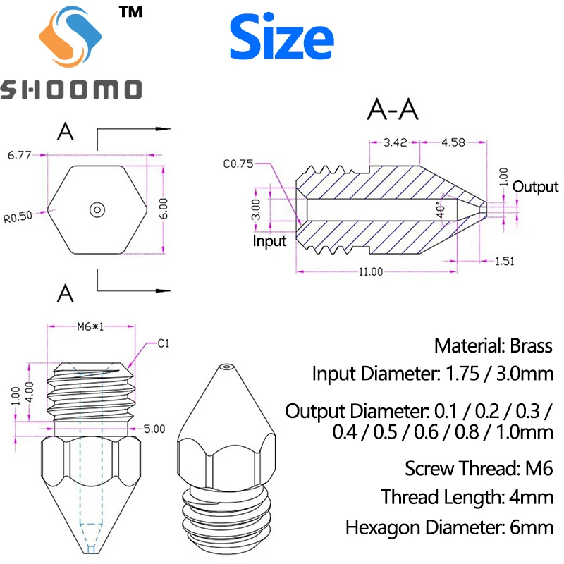 SHOOMO 3D Printer Extruder Brass Nozzles Print Head for Anet A8 Makerbot MK8 Creality CR-10  S4 S5 Ender 3 3Pro 5 Clean Tool Kit