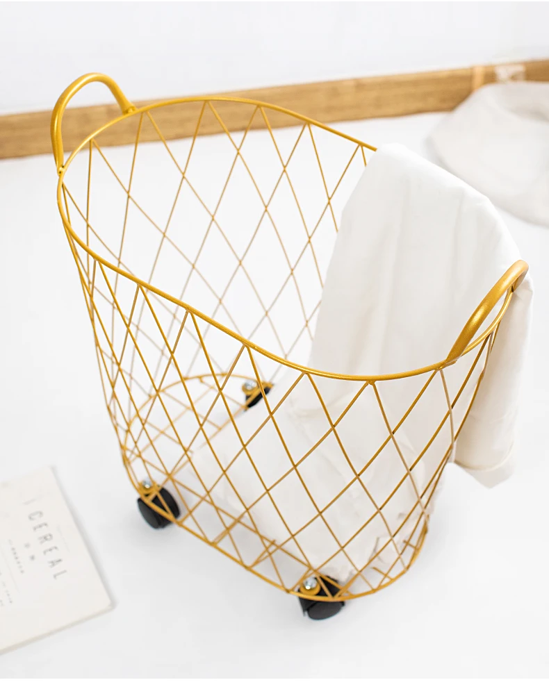 High Quality Golden Metal Gold Hollow Stylish Dirty Clothes Storage Handle Laundry Basket Home Creative Organizer with Wheel