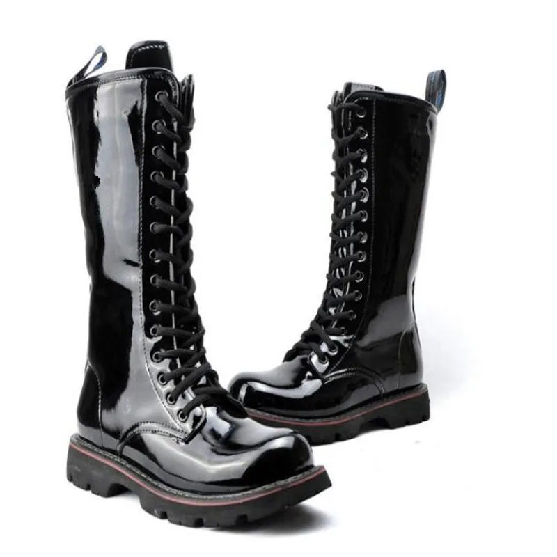 Mens Over Knee High Boots light Leather  Long Waterproof Snowboots Equestrian Motocycle Patent leather punk cowboy boots