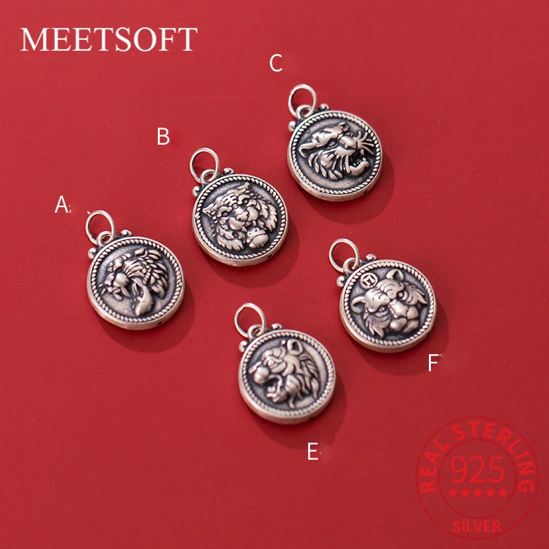 

MEETSOFT Vintage S999 Pure Silver Matte 3D Hard Silver Tiger Head Pendant Charms of DIY Handmade Fine Accessories Drop Shipping