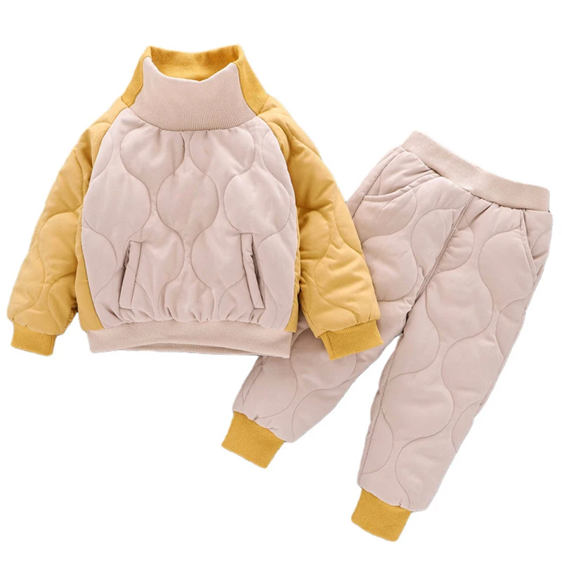 Boys Girls Set Winter Plush Thickened Cotton Clothes 2024 New Splicing High Collar Pullover+Pant Kids Suits Children Clothing