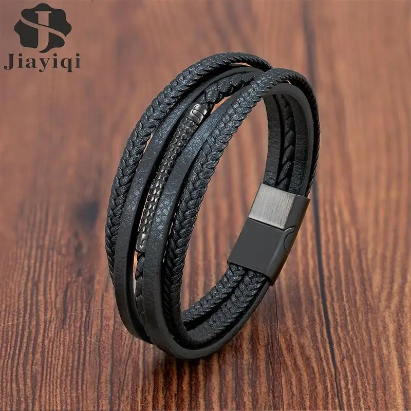 

Multi-layer Bracelet Punk Stainless Steel Charm Magnetic Black Men's Leather Bracelets Braided Bangles Jewelry Homme Accessories