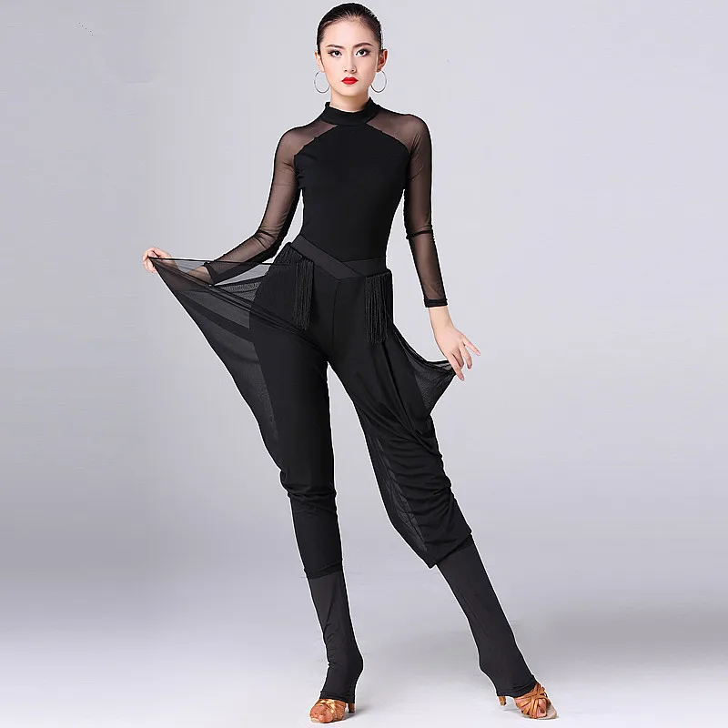 Ballroom Latin Dance Pants Women Black Chiffon Tassel Ladies Practice Dancing Wear Clothes Samba Tango Salsa Trousers in stock