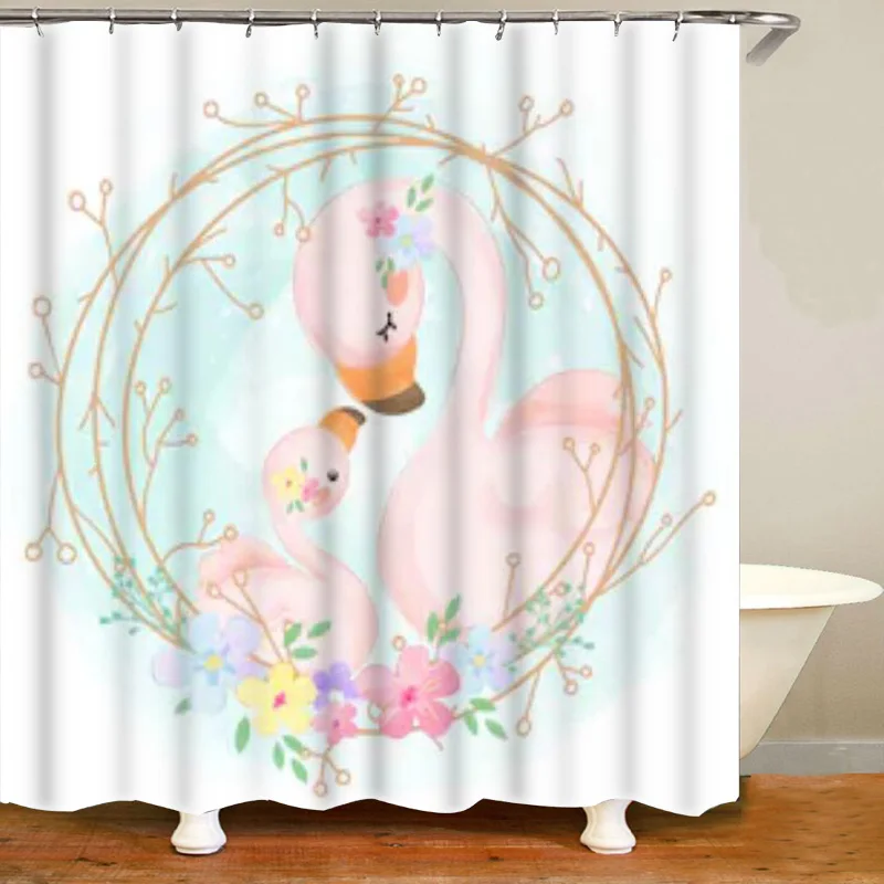 Nordic Mother Panda and Baby Animal Shower Curtain and Rug Set Watercolored Painting Flamingo Rabbit Fox Bath Curtain Mats Decor