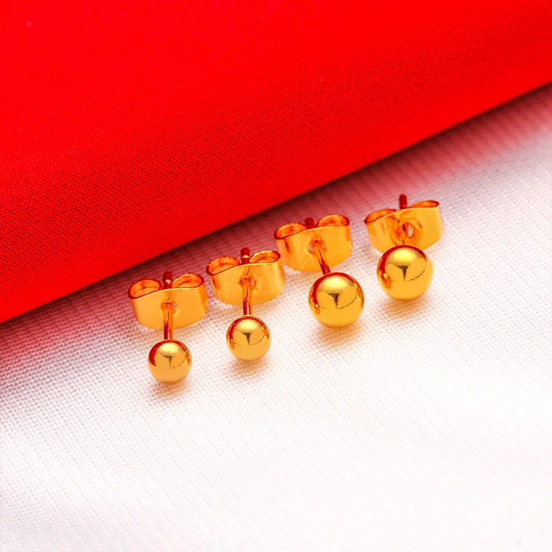 QEENKISS-pendientes de tuerca de oro 24KT para mujer, Bola de 4/5mm, pendientes mate, joyería de fiesta de boda, regalo al por mayor, Envío Gratis