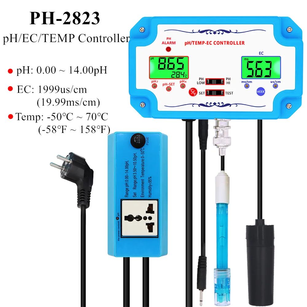 

PH-2823 3 in 1 pH/TEMP/EC Controller pH Water Quality Detector Relay Plug Repleaceable Electrode BNC Type Probe Water Tester