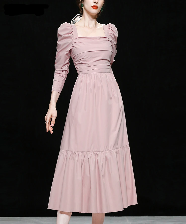 Autumn New Temperament French Square Neck Long Skirt Pink Waist Thin Elegant Mid-length Pleated Dress