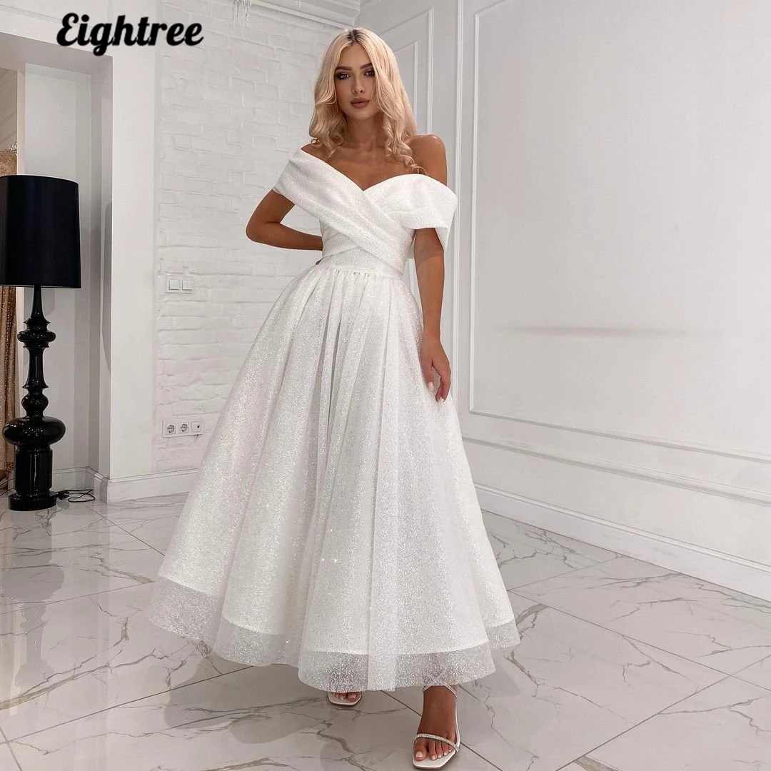 Eightree White Wedding Dresses 2022 Glitter Off The Shoulder Bridal Dress Sexy Tea Length Floor Length Wedding Gowns Plus Size