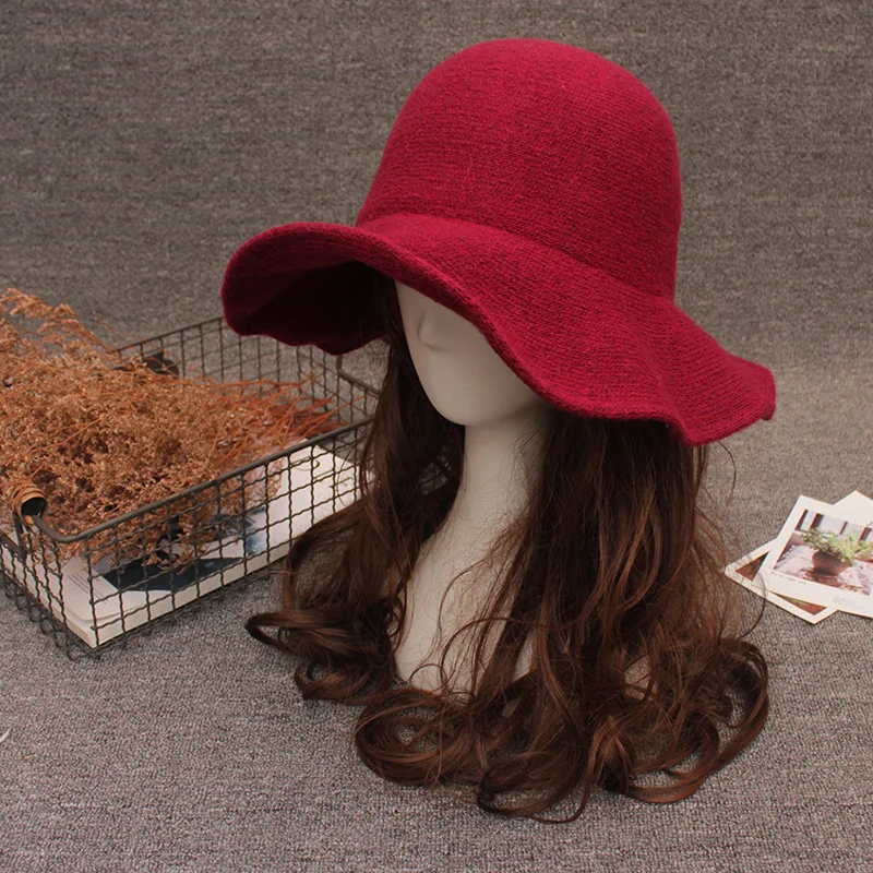 New Elegant Sheep Wool Cap Knitting Big Brim Fedora Hat Winter Thick Female Fashion Winter Hat Accessories