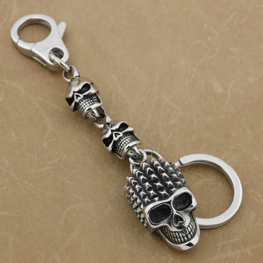 LINSION 316L Stainless Steel Punk Skull KeyRing Mens Biker KeyChain 4T032KC