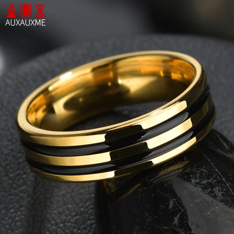 Auxauxme Simple Black Double-Line Glaze Rings Color oro acciaio al titanio per uomo donna gioielli regali Dropshipping