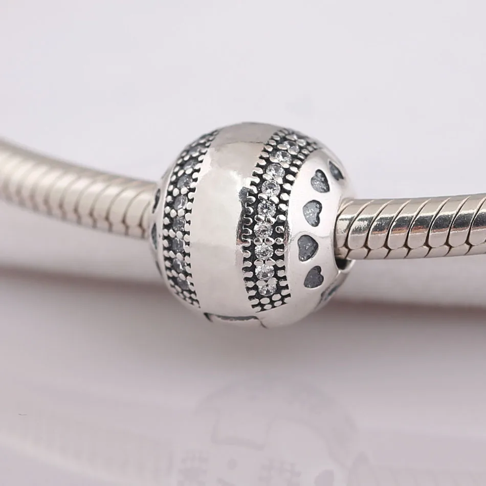 S925เงิน DIY เครื่องประดับรอบหัวใจคลิป Charm CZ Stopper Fit Lady สร้อยข้อมือกำไลข้อมือ