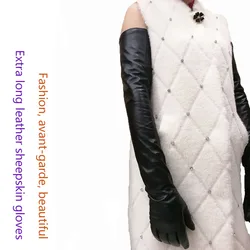 Long Sheepskin Gloves Women's Leather Touch Screen Super Long Arm Sleeves Fashion New Autumn and Winter Plus Cashmere Warm