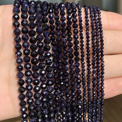 2/3/4mm Natural Stone Blue Sandstone Faceted Bead Faceted Loose Round Mineral Tiny Beads for Jewelry Making DIY Bracelet 15''