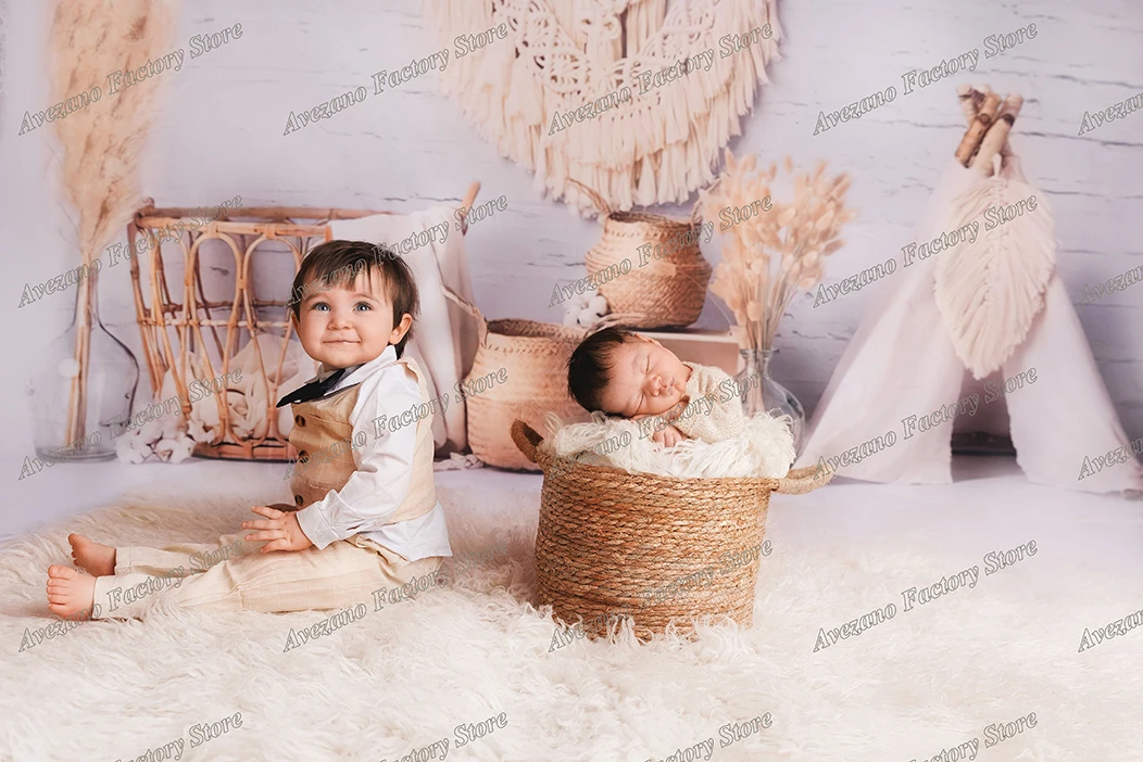 Avezano-신생아 초상화 배경, 사진 스튜디오용, 포토존, 흰색 벽돌 벽 꽃병, 텐트 바구니, 아기 사진 배경 소품