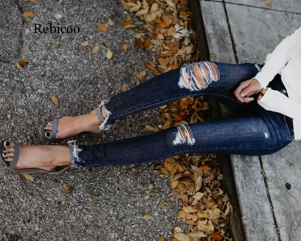 Ripped Gat Katoen Denim Jeans Vrouwen Stretch Skinny Potlood Broek Elastische Sexy Jean Broek