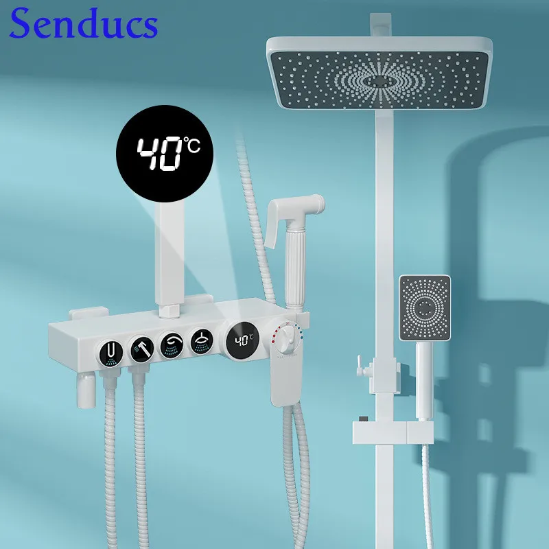 

Matte White Digital Bathroom Shower Set LED Temperature Display Thermostatic Mixer PVC Pressure Shower 20inch Rainfall Sky