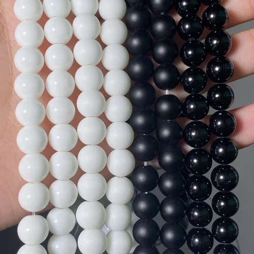 Venta al por mayor de piedra Natural, ágatas blancas y negras, cuentas de ónix mate, cuentas redondas para fabricación de joyería, pulseras DIY de 4-12mm y 15""