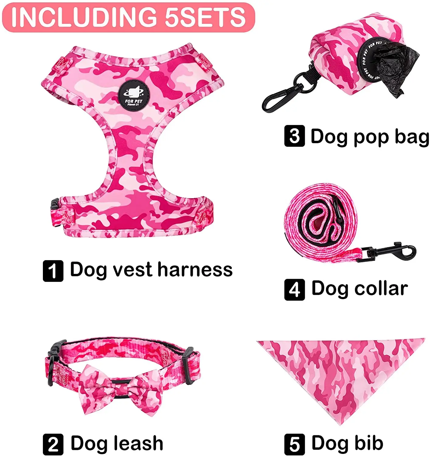 Dog Harness Suit Include Vest Harness Collar Leash Handkerchief Scarf Poop Bag Accessories for Pet Cat Dogs Supplies Set