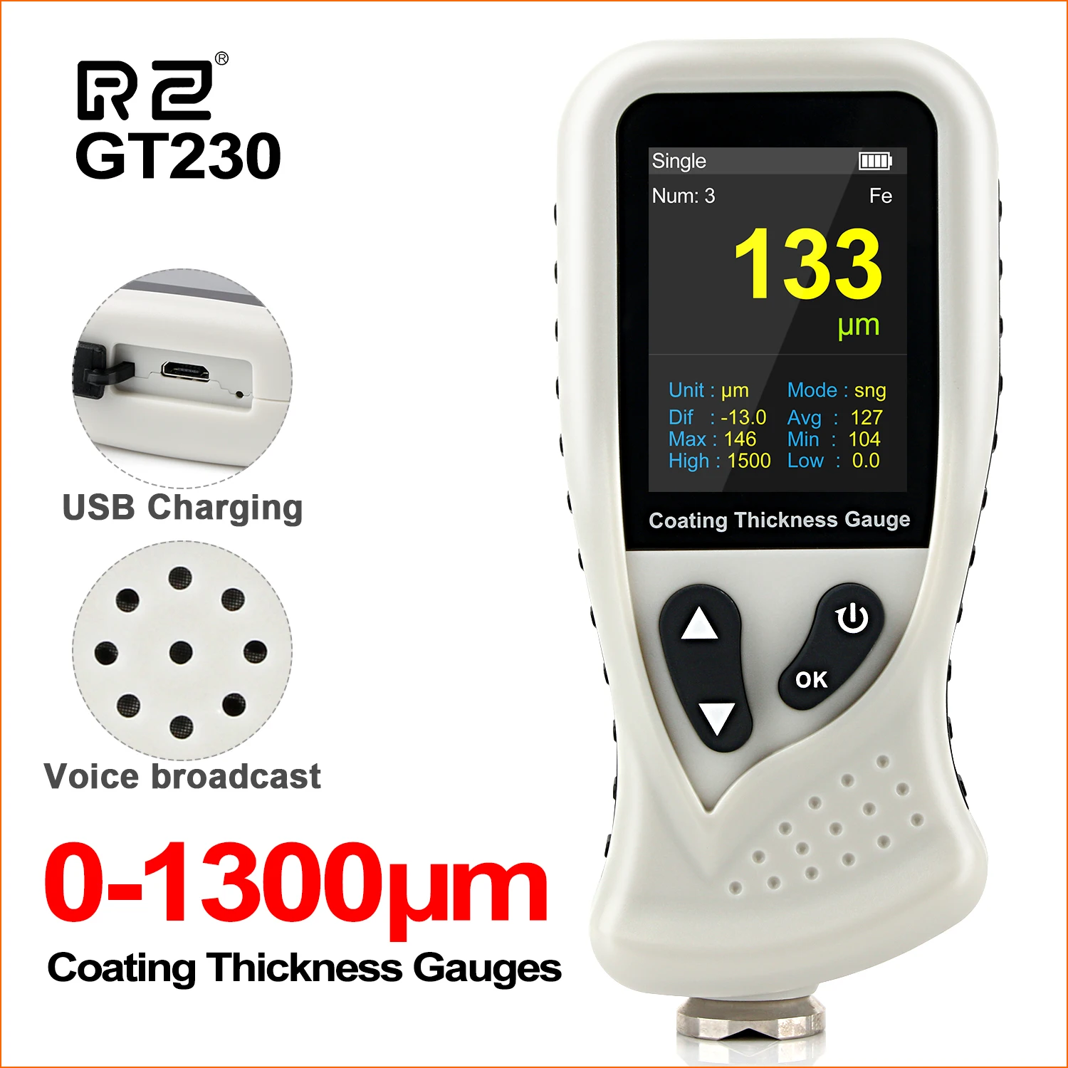 

RZ Thickness Gauges Paint Coating Thickness Gauge Car Film Digital Thickness Gauge Tester 0-1300μm Rechargeable Thickness Gauge