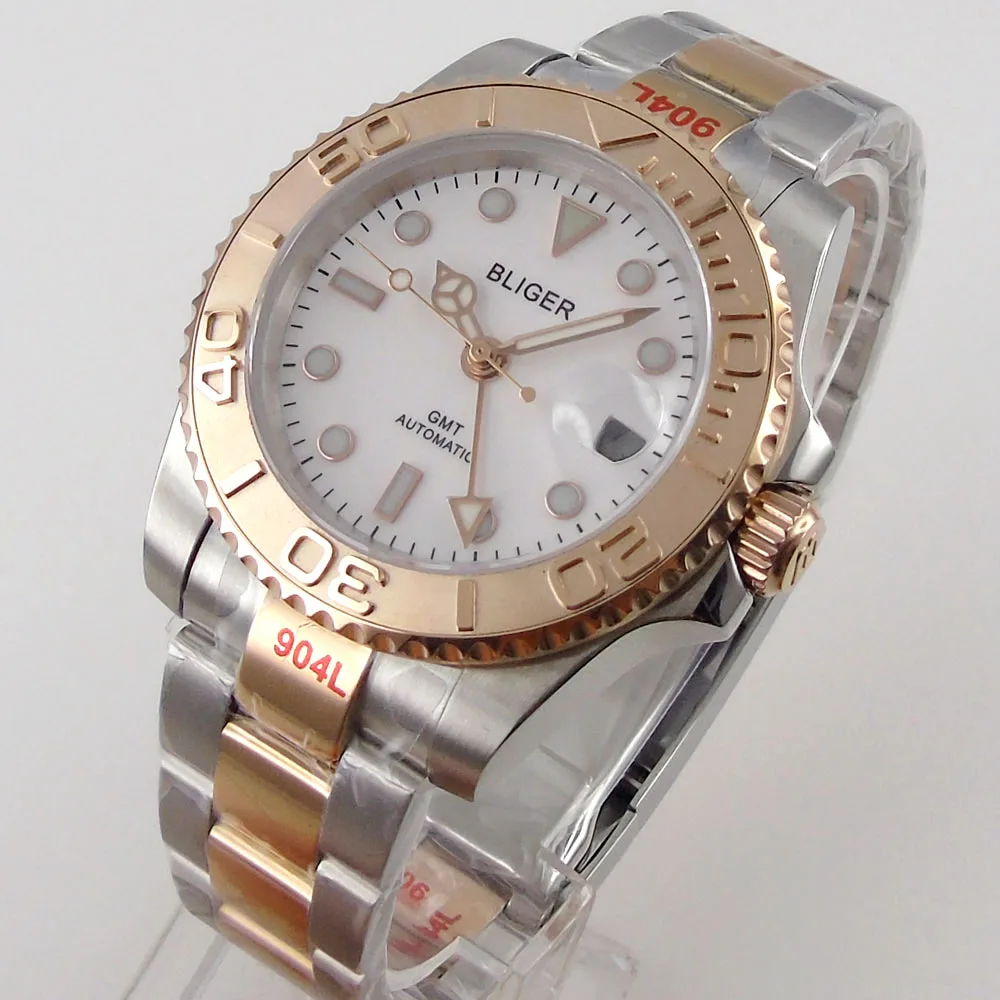 

Rose Gold 40mm Automatic Watch For Men GMT Function Cyclops White Dial Two Tone 316L Bracelet Sapphire Glass 904L Steel Lume