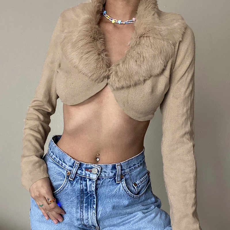 Fur Collar Crop Coats Casual Fur Coat Button Autumn Winter Cardigans Vintage Chic Harajuku Long Sleeve Y2k Tops Khaki Streetwear