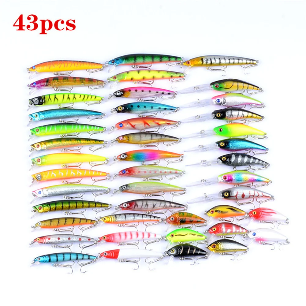 

43Pcs/Set Mixed Fishing Lure Kits Crankbait Minnow Popper VIB Soft Lure Bass Baits wobbler Set Lifelike Fake Fishing Bait Tackle