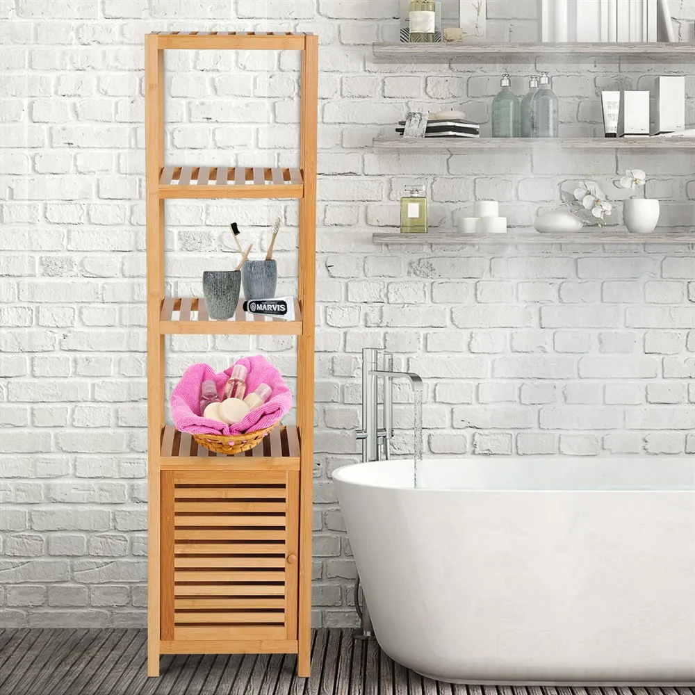 Homcom Bambus Badezimmer regal Hochs chrank Bücherregal Veranstalter 4 Ebenen 1 Tür 36x33x140cm