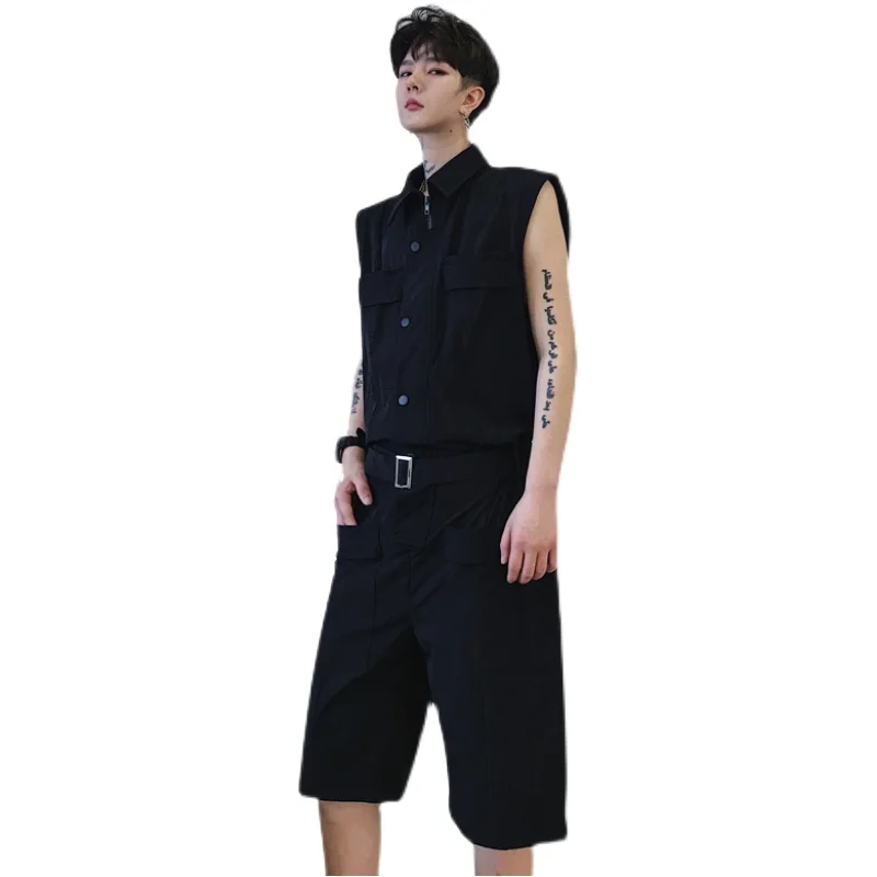 

S-6XL!!The New Youth Men's Casual jumpsuit trend handsome straight leg cropped pants loose all-match sleeveless cargo pants