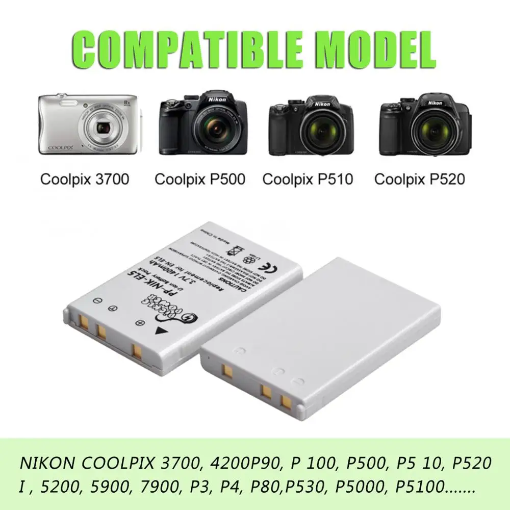 Pickle Power Digital Camera Battery for Nikon Coolpix P80 P90 P100 P500 P510 P520  EN-EL5 ENEL 5 +LED USB Dual Charger