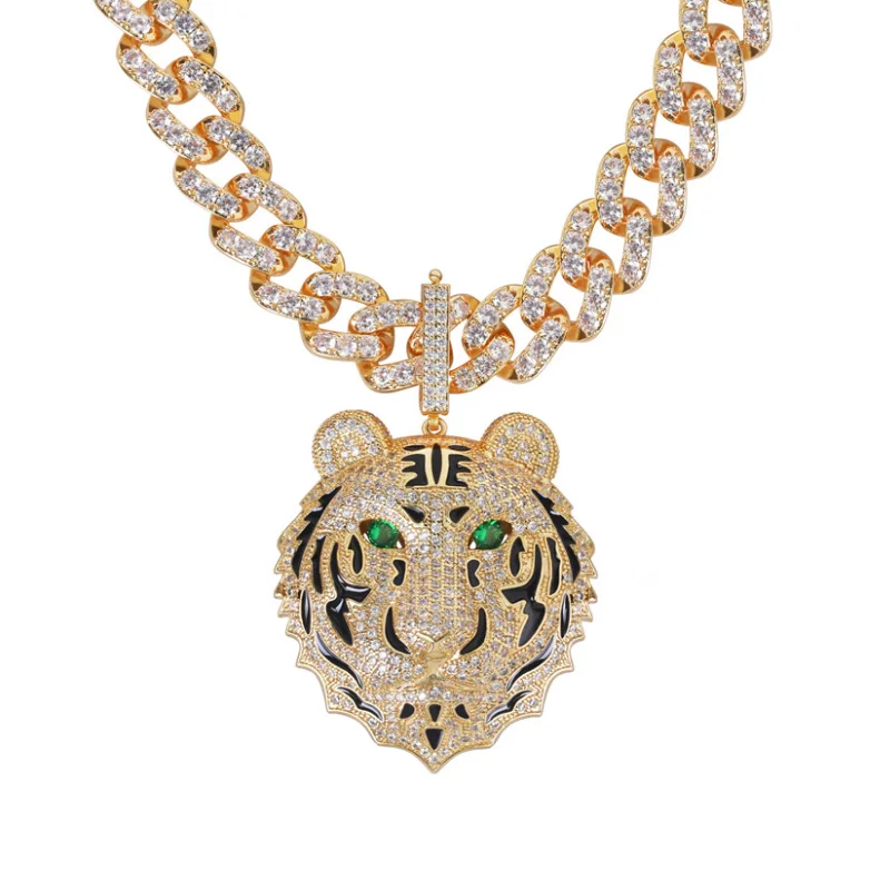 Iced Out Big Tiger Head Pendant Necklace With Cubic Zircon Long Cuban Chain for Men Women Hip Hop Jewelry Free Shipping