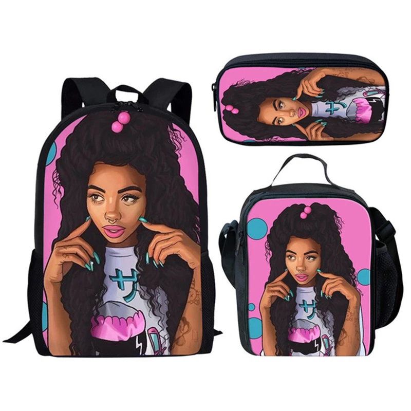 

ELVISWORDS Girls School Bags For Kids Black Girl Magic Afro Lady Printed School Bag Teenager Book Bag 3 Pcs/Set Backpack Mochila