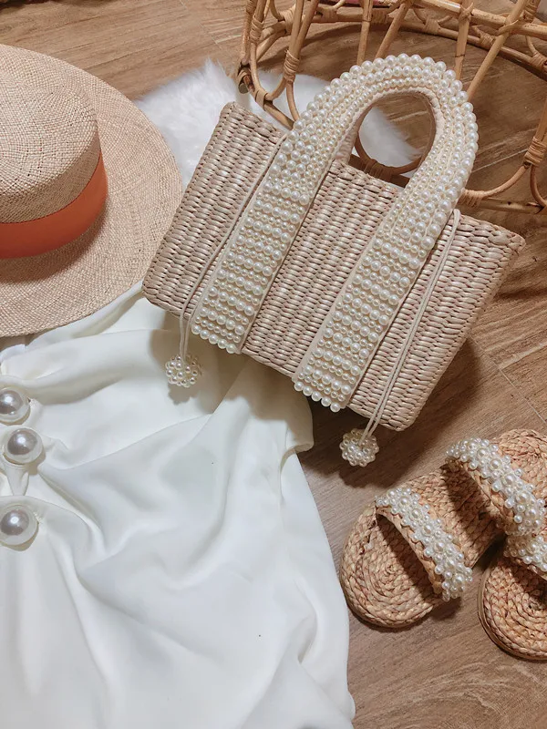 New Ladies Handbags Pearl Handle Woven Straw Bag Fashion Solid Color Women Shoulder Bag Bohemian Vacation Beach Crossbody Bag